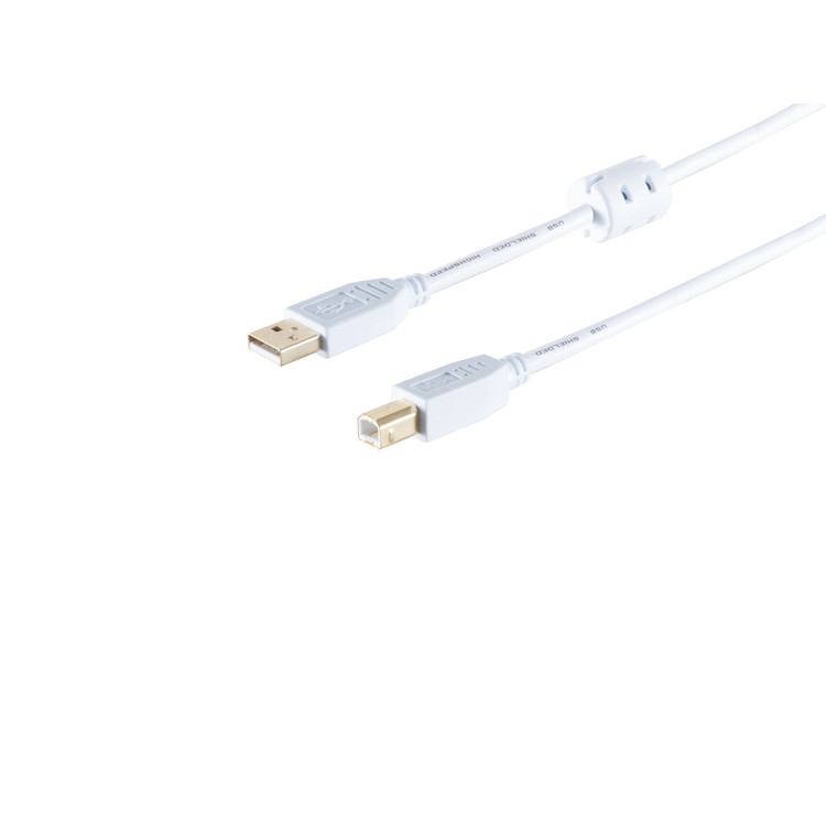 USB High Speed 2.0 Kabel mit Ferrit, A/B Stecker, USB 2.0, weiß, 1,0m